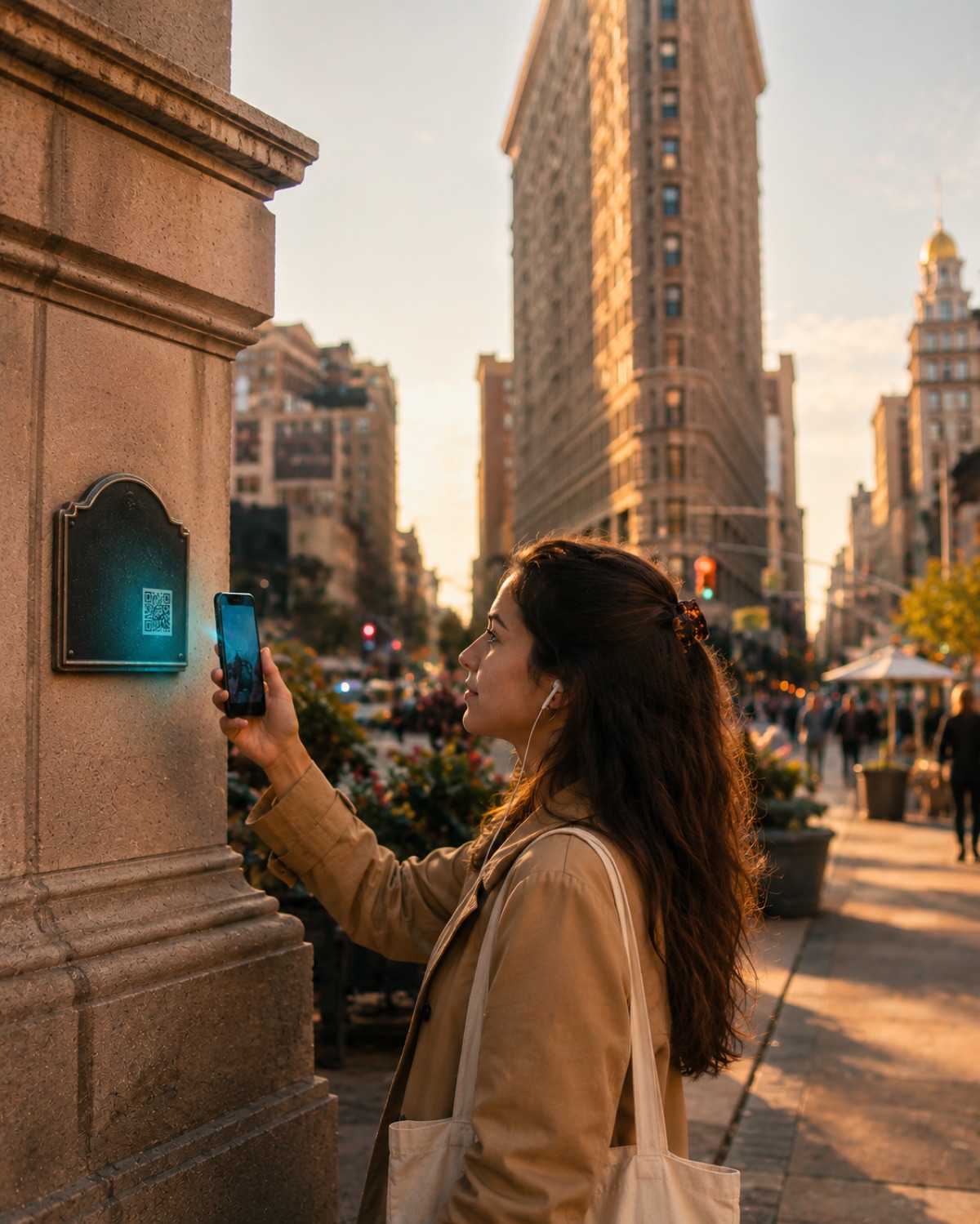 A visitor on a historic city street holds up a phone showing the Wexplo audio guide, scanning a QR plaque on a landmark building.