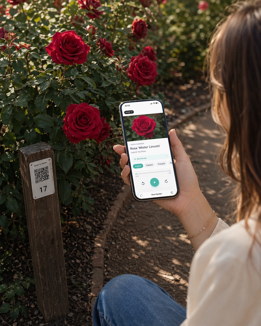 Visitor in a rose garden listening to the Wexplo audio guide for Rosa 'Mister Lincoln', with a QR stake in the flower bed.