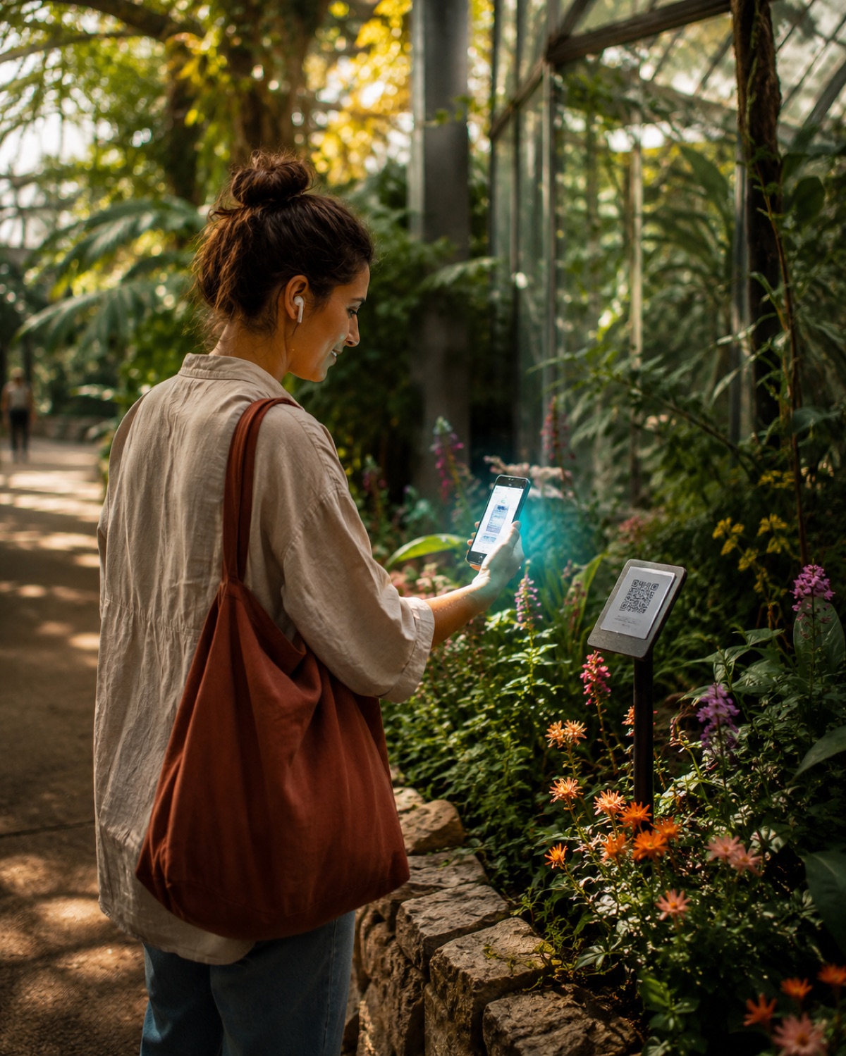 A visitor in a botanical garden glasshouse holds a phone showing the Wexplo audio guide, scanning a QR sign beside a flowering plant bed.