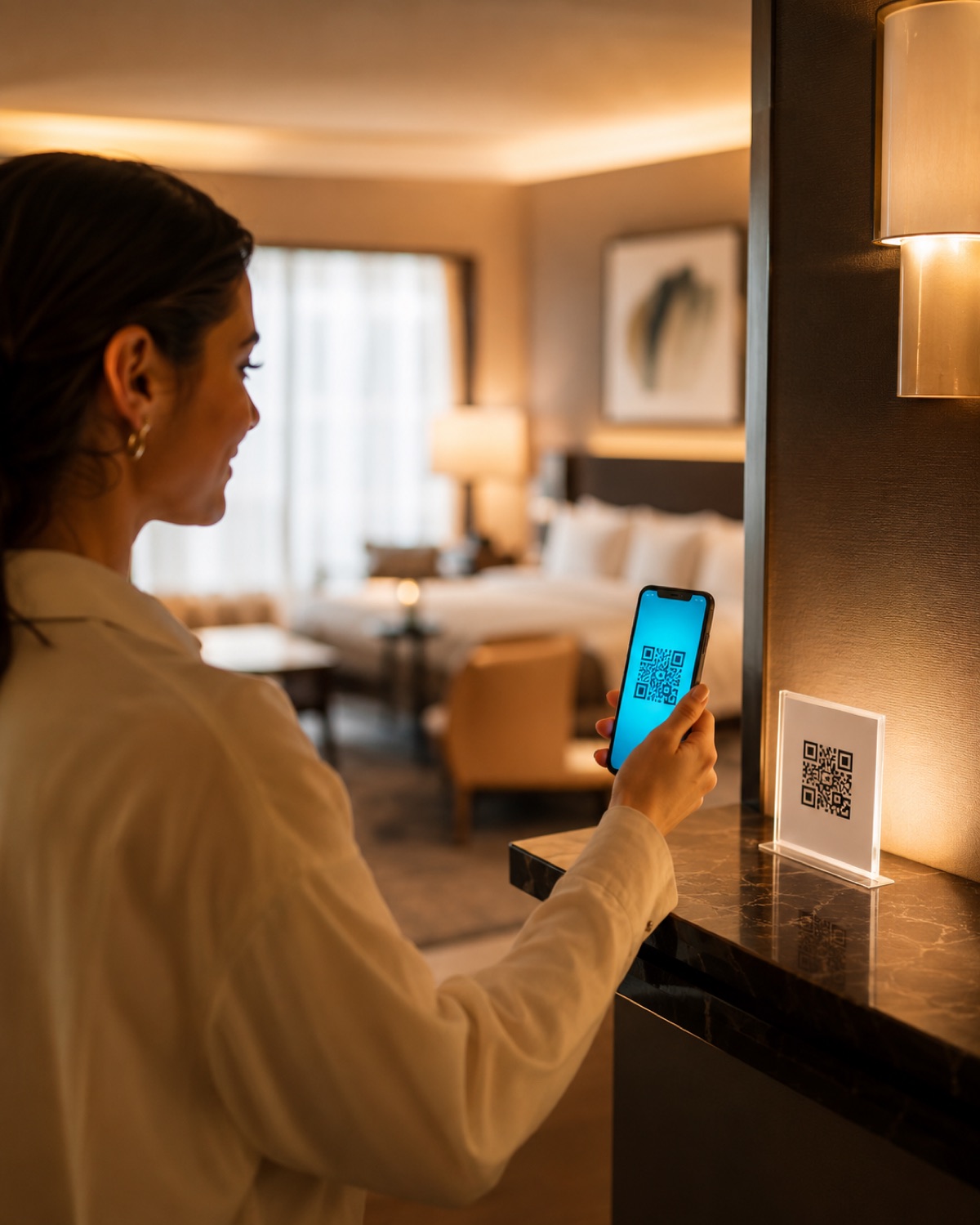 A guest in an elegant hotel room holds a phone showing the Wexplo guest guide, scanning a QR sign on the desk.