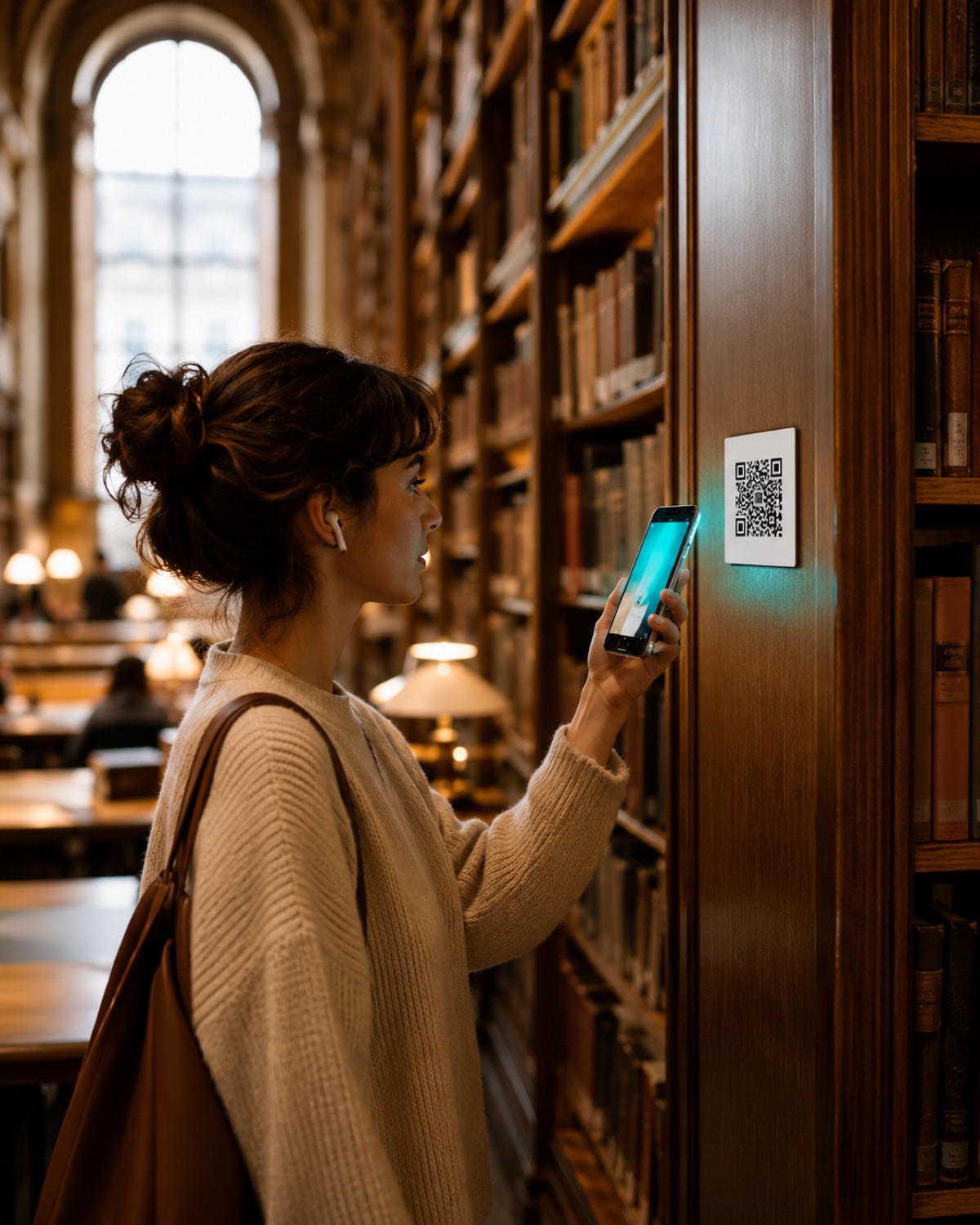 A patron in a grand library holds a phone showing the Wexplo audio guide, scanning a QR sign at the end of a tall bookshelf.