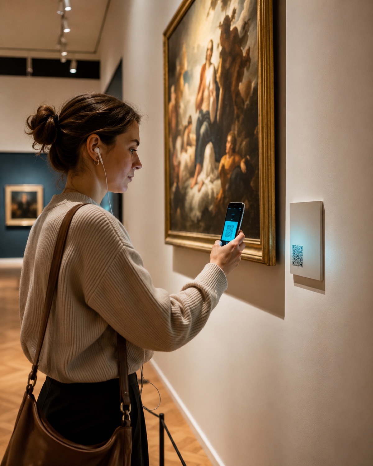 A visitor in a gallery holds a phone showing the Wexplo audio guide, scanning a QR label beside a framed painting.