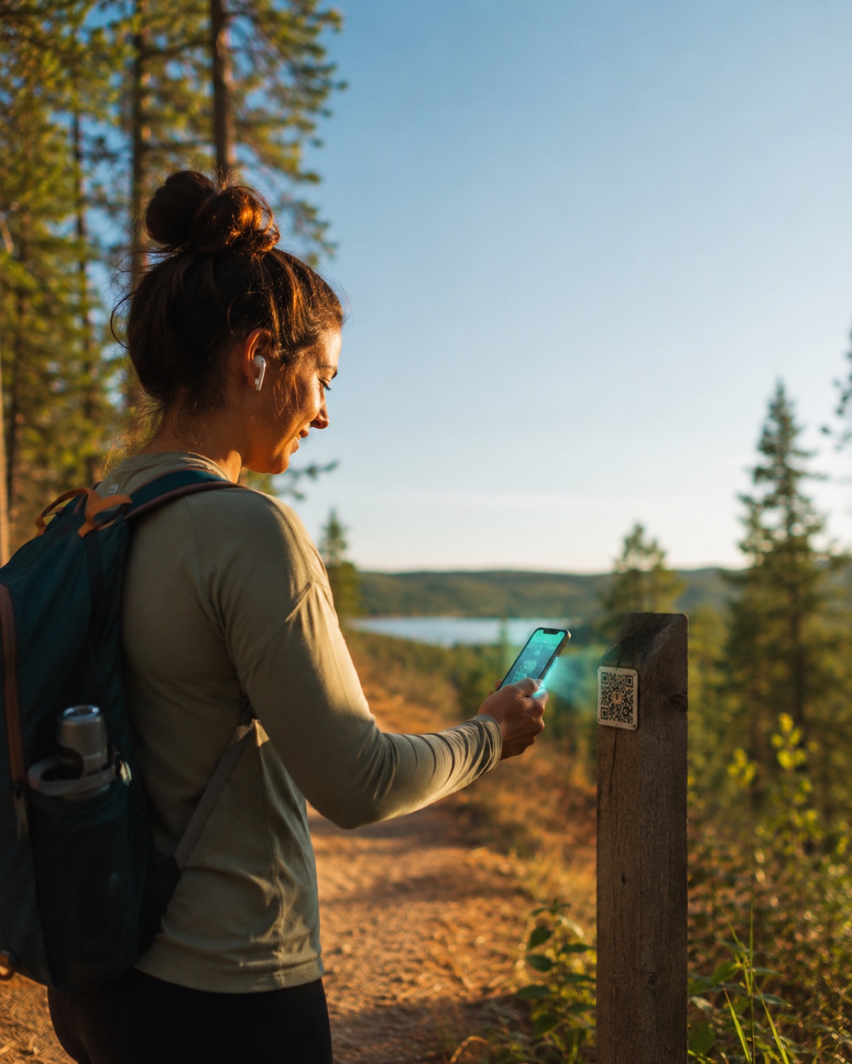 A hiker on a forest trail holds a phone showing the Wexplo audio guide, scanning a QR on a wooden trail-marker post.