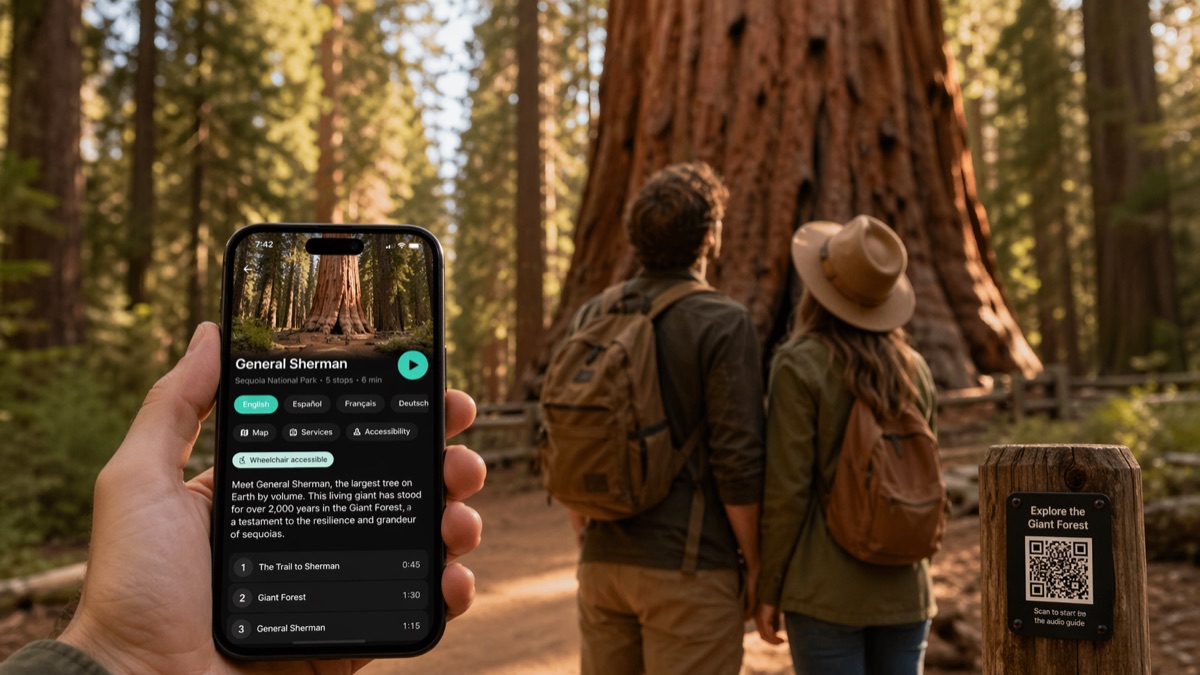 Two hikers look up at General Sherman in Sequoia National Park while a phone shows the Wexplo audio guide, a 5-stop tour in 14 languages, wheelchair accessible.