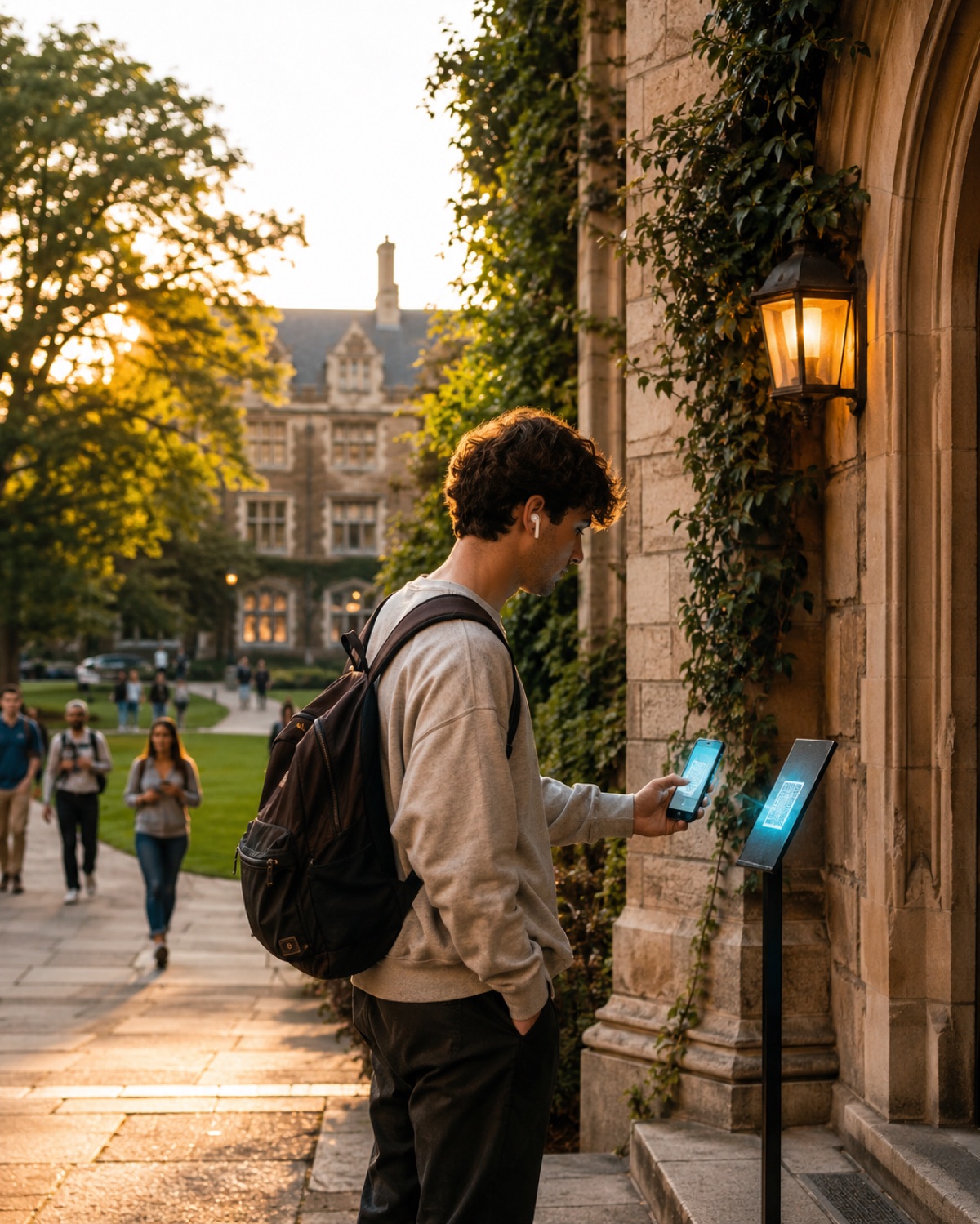 A prospective student on a university campus holds a phone showing the Wexplo audio guide, scanning a QR sign at the entrance of a historic hall.