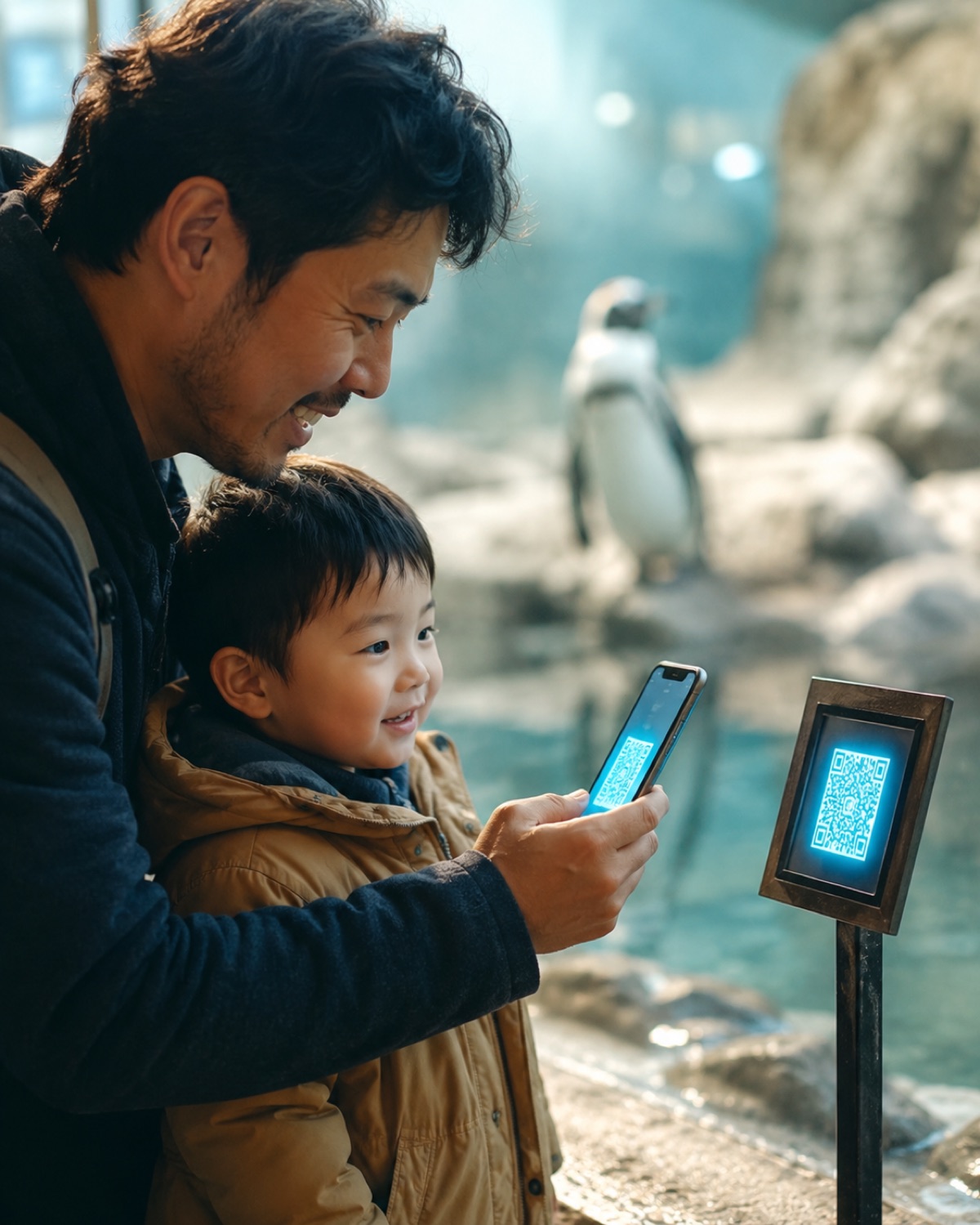 A parent and child at an aquarium habitat hold a phone showing the Wexplo audio guide, scanning a QR sign beside a penguin enclosure.