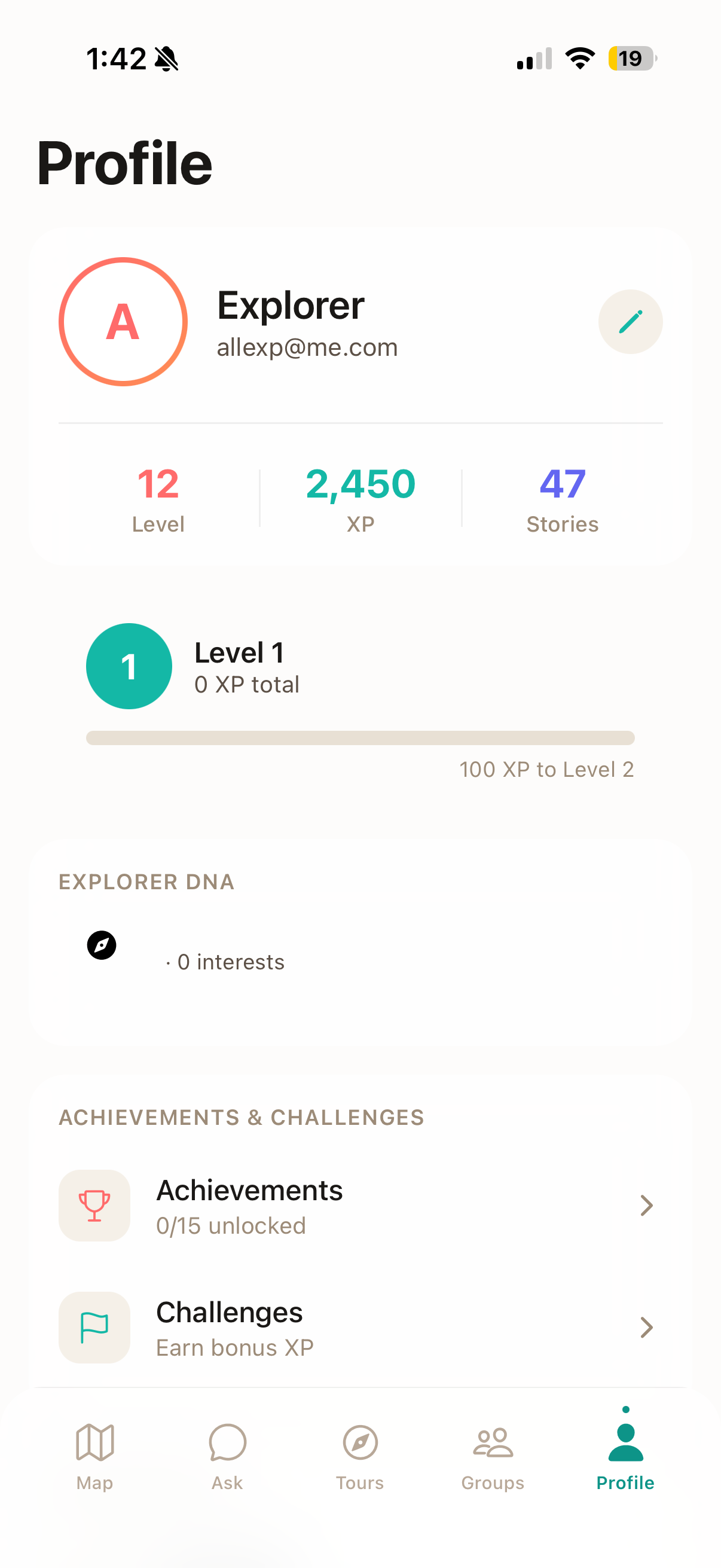 Wexplo explorer profile with XP level, achievements, and Explorer DNA